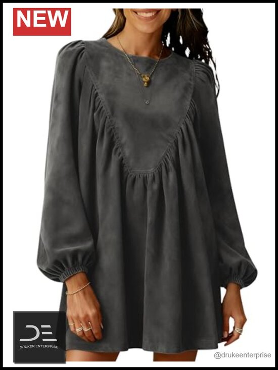 Dresses & Skirts - Faux Suede A-Line Peplum Pleated Babydoll Mini Dress Long Sleeve